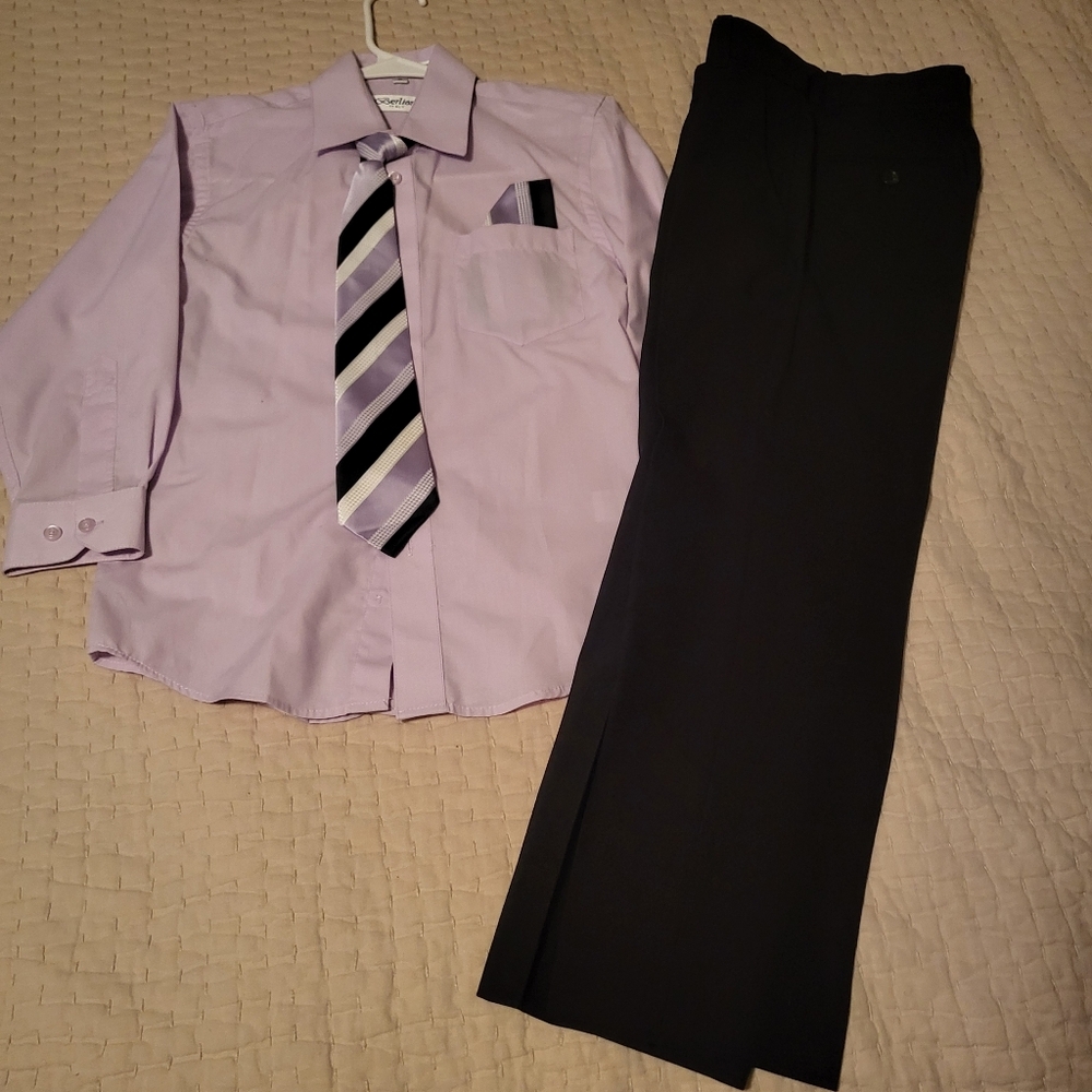 Pre-Loved Berlioni Italy Shirt Calvin Klein Slacks 4 Pc. Suit Purple Blk Boys 8‎